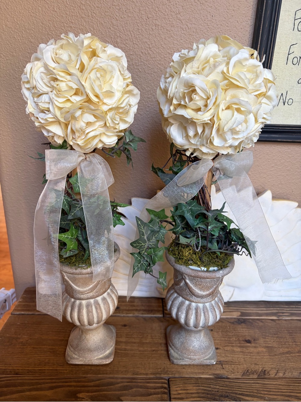 2 Tall Rose Topiaries with Wood and Ivy Decorative Faux Floral Decor set of 2!